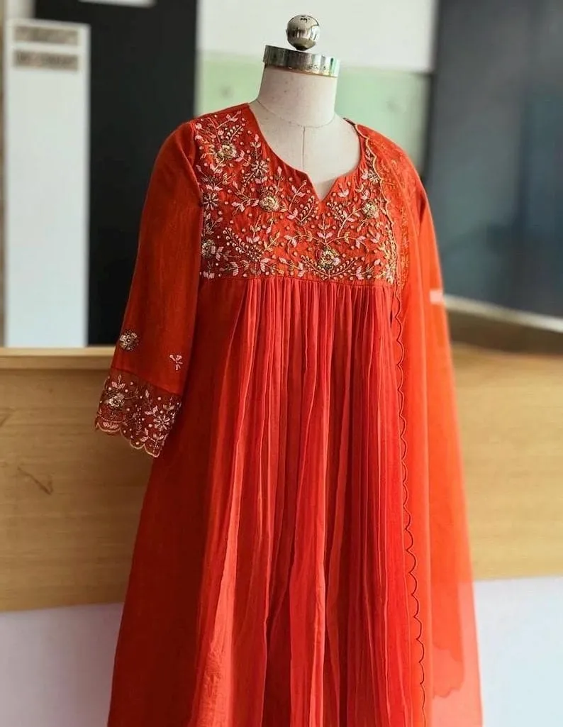 Women’s Rust Orange Pleated Silk Anarkali Kurta Set with Zardosi Embroidered Yoke & Organza Scalloped Dupatta | Traditional Festive Wear Long Frock 1