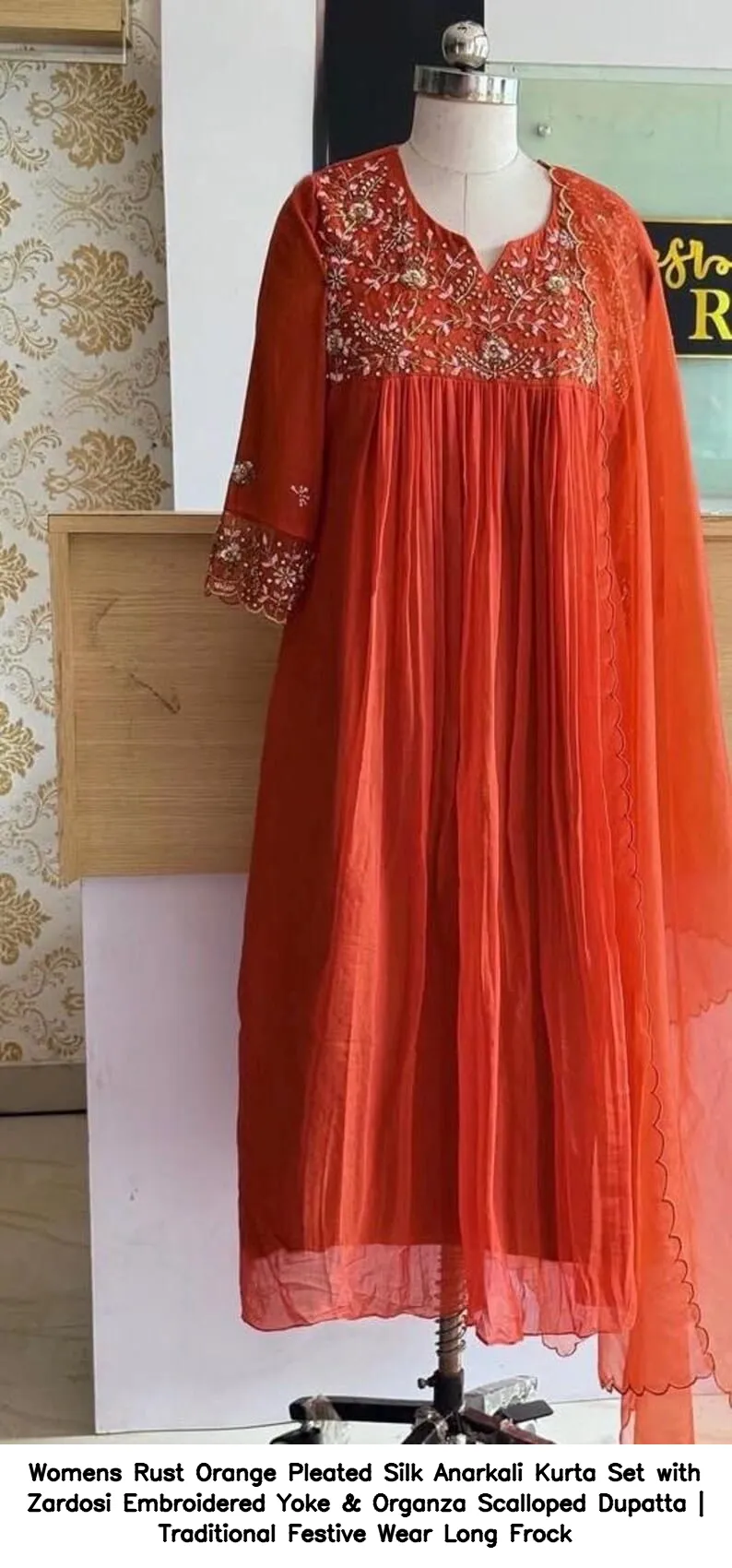 Women’s Rust Orange Pleated Silk Anarkali Kurta Set with Zardosi Embroidered Yoke & Organza Scalloped Dupatta | Traditional Festive Wear Long Frock 3