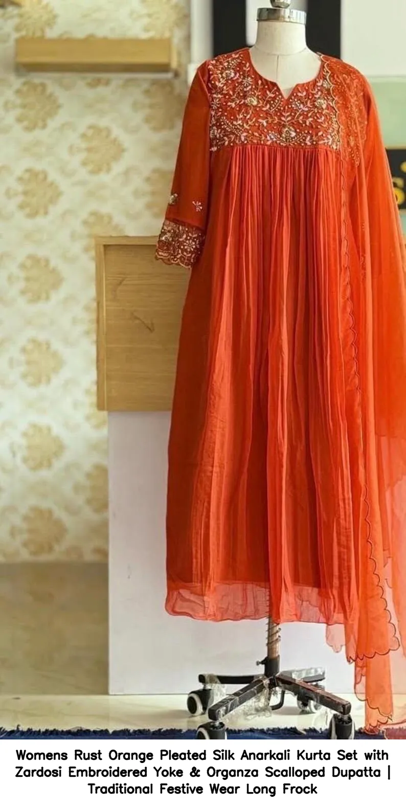 Women’s Rust Orange Pleated Silk Anarkali Kurta Set with Zardosi Embroidered Yoke & Organza Scalloped Dupatta | Traditional Festive Wear Long Frock 5