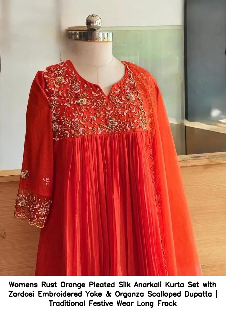 Women’s Rust Orange Pleated Silk Anarkali Kurta Set with Zardosi Embroidered Yoke & Organza Scalloped Dupatta | Traditional Festive Wear Long Frock 6