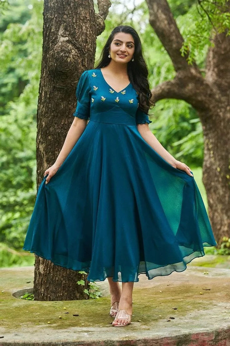 Women's Teal Blue Floral Embroidered A-Line Midi Dress 1