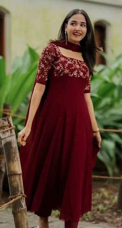 Women’s Wine Maroon Georgette Anarkali Kurta Set with Net Embroidery Yoke & Dupatta | Ready to Wear Evening Party & Festive Long Frock
