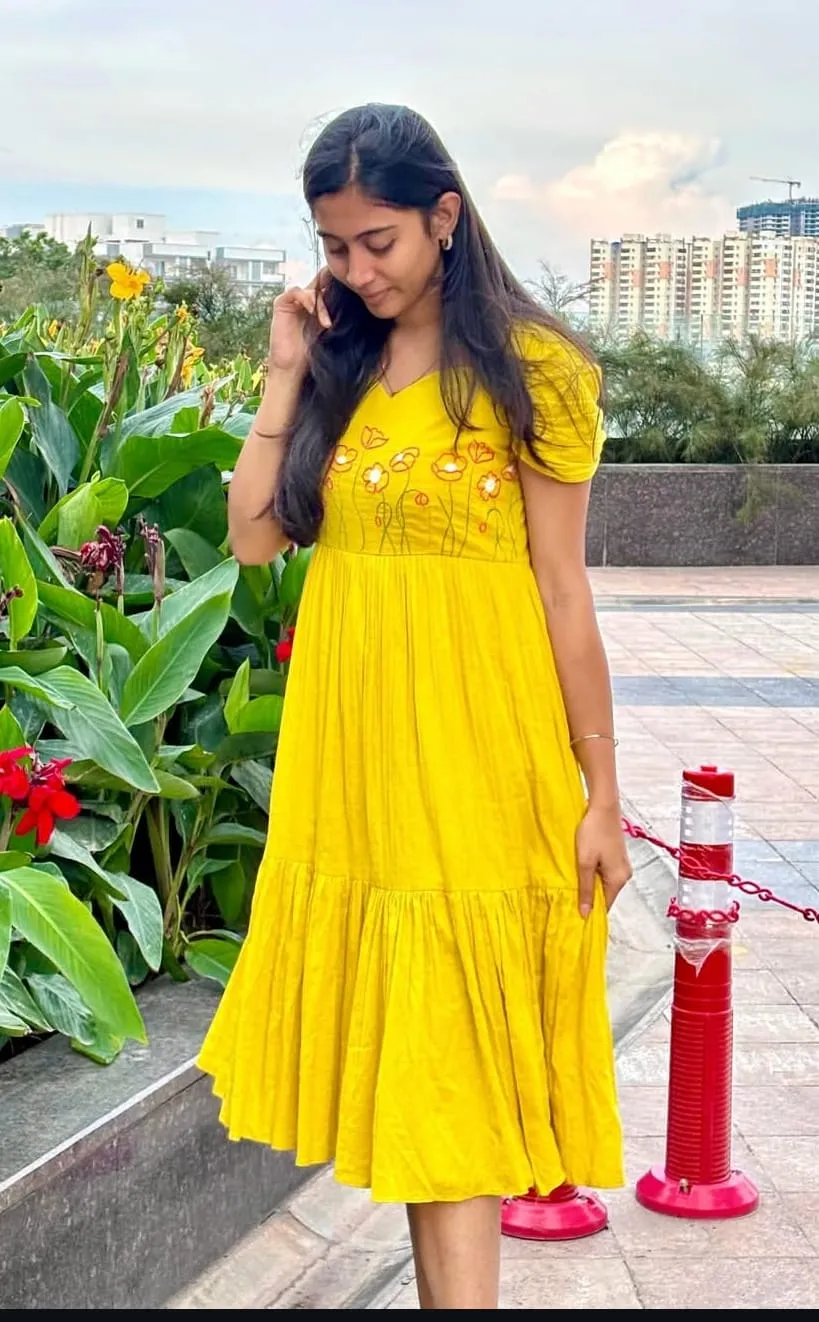 Yellow Cotton Tiered Midi Dress with Floral Embroidery | Casual Summer Frock 1