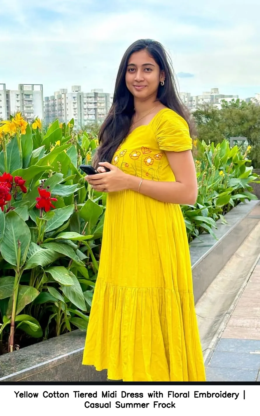 Yellow Cotton Tiered Midi Dress with Floral Embroidery | Casual Summer Frock 2