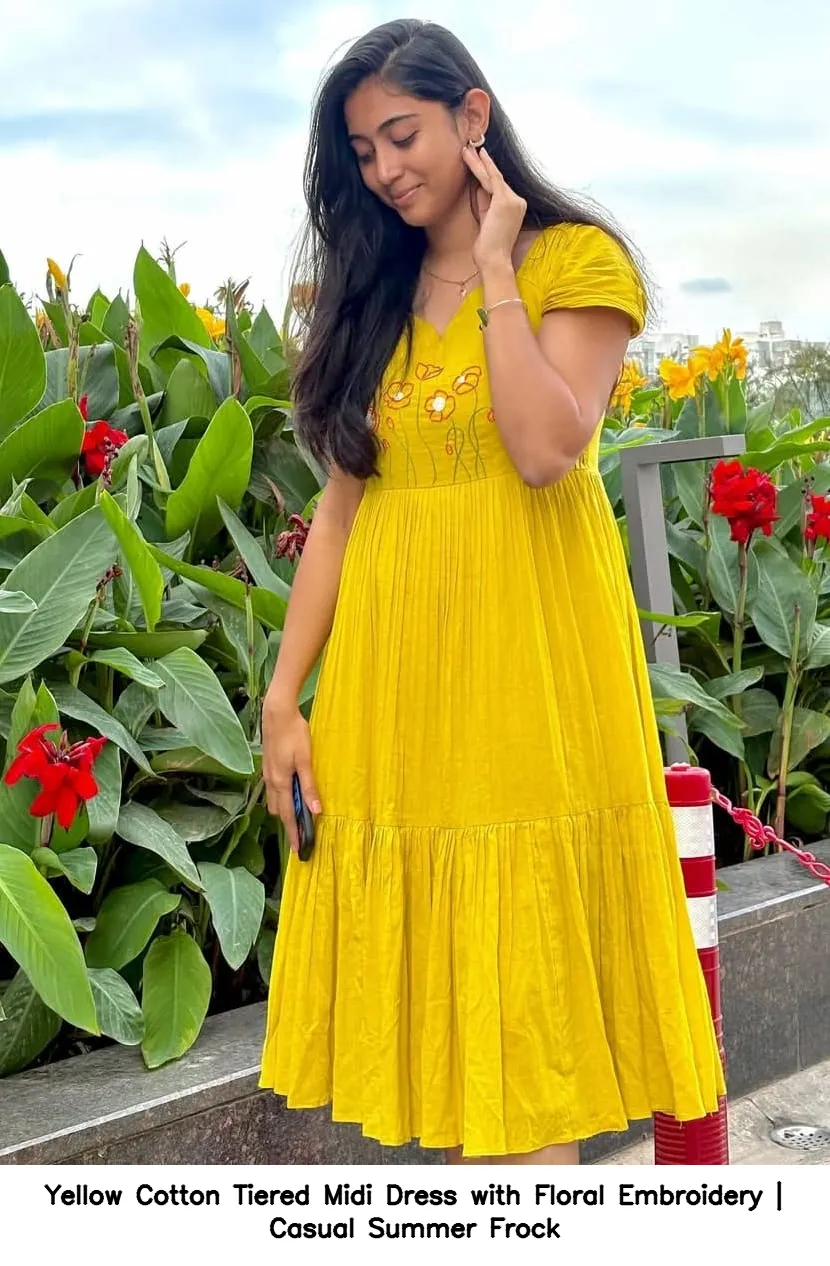Yellow Cotton Tiered Midi Dress with Floral Embroidery | Casual Summer Frock 3