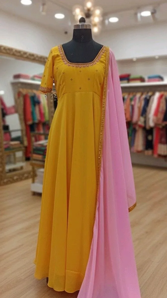 Yellow Georgette Anarkali Gown with Pink Dupatta – Designer Haldi Wear Long Frock
