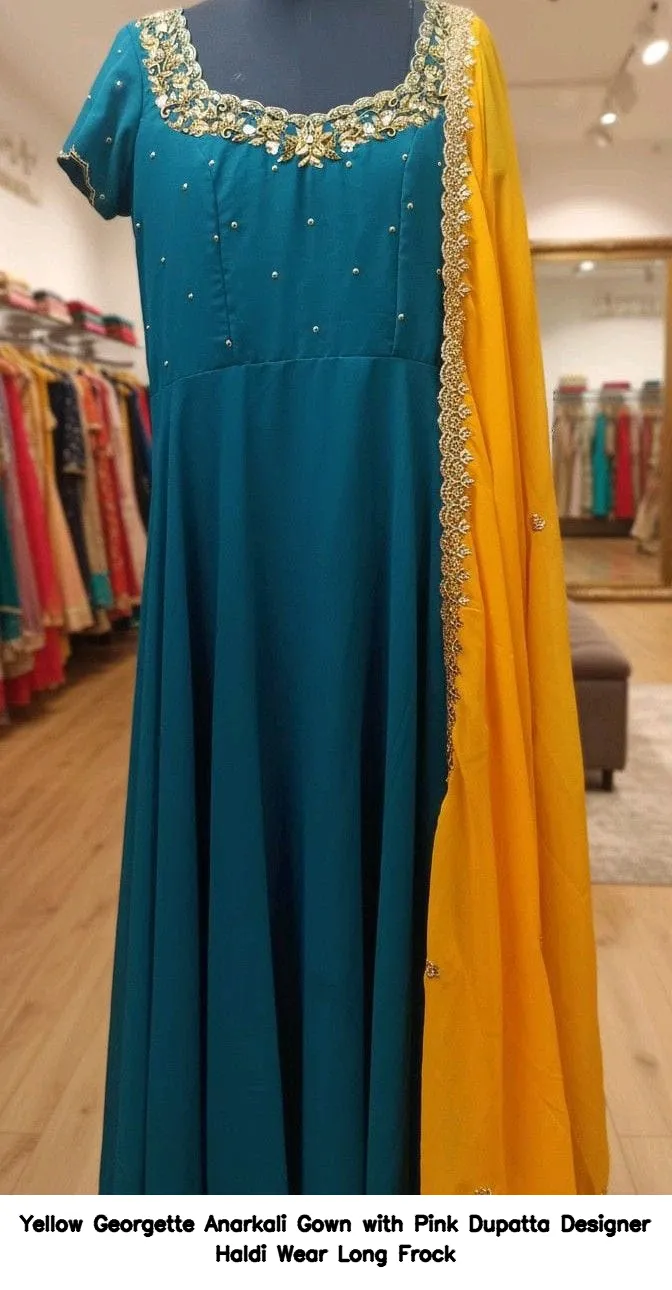 Yellow Georgette Anarkali Gown with Pink Dupatta – Designer Haldi Wear Long Frock 2