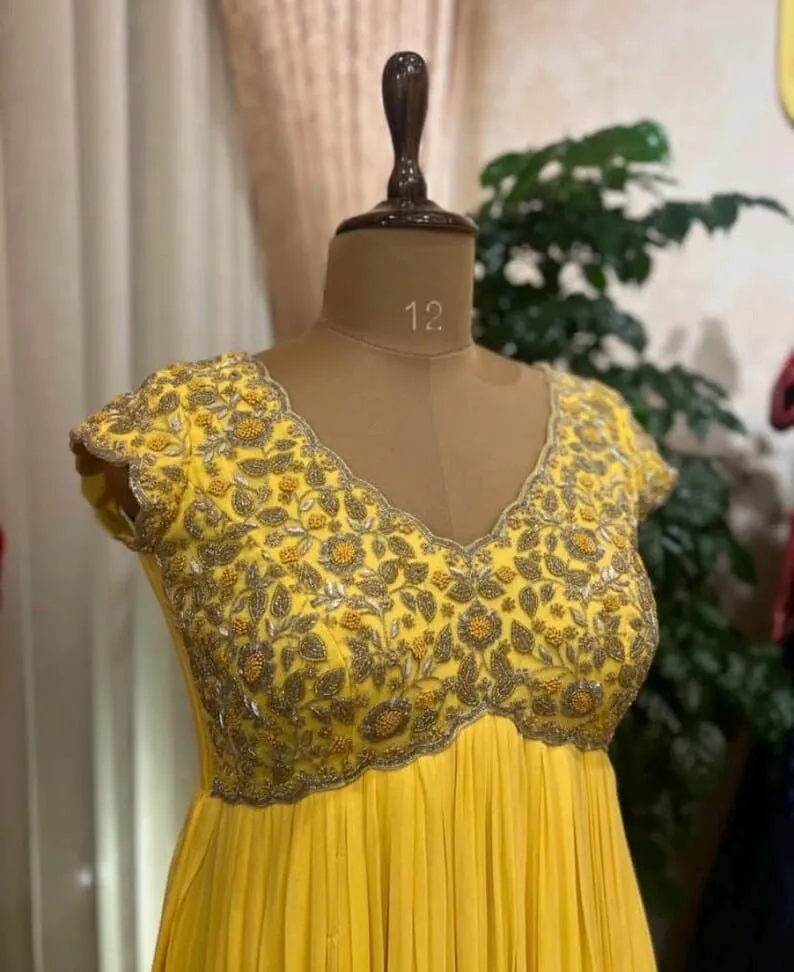 Yellow Hand Embroidered Aari Work Anarkali Gown with Dupatta | Designer Heavy Blouse Georgette Long Frock for Haldi & Festive Wear