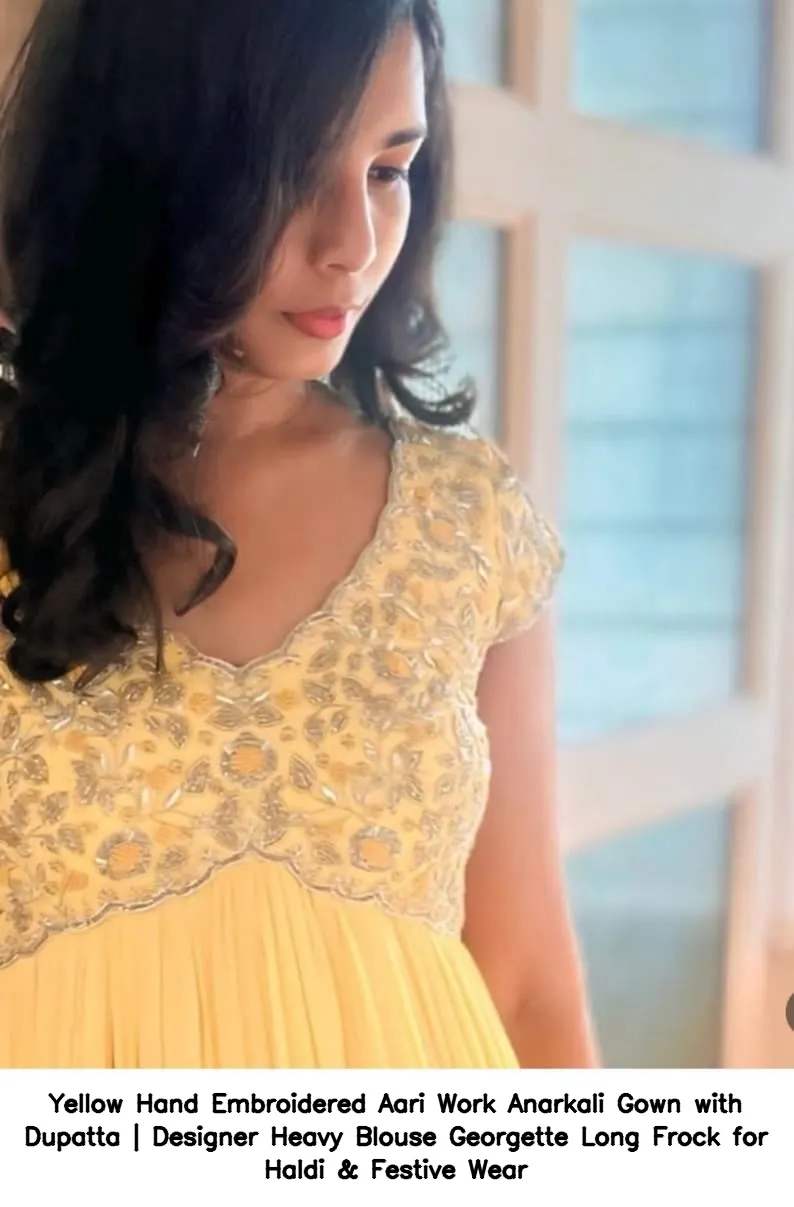 Yellow Hand Embroidered Aari Work Anarkali Gown with Dupatta | Designer Heavy Blouse Georgette Long Frock for Haldi & Festive Wear 4