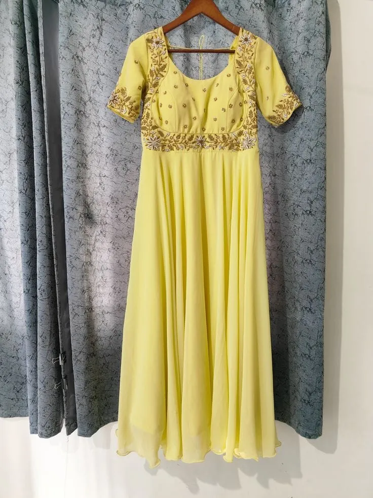 Yellow Hand Embroidered Georgette Anarkali Gown – Designer Haldi Wear Long Frock