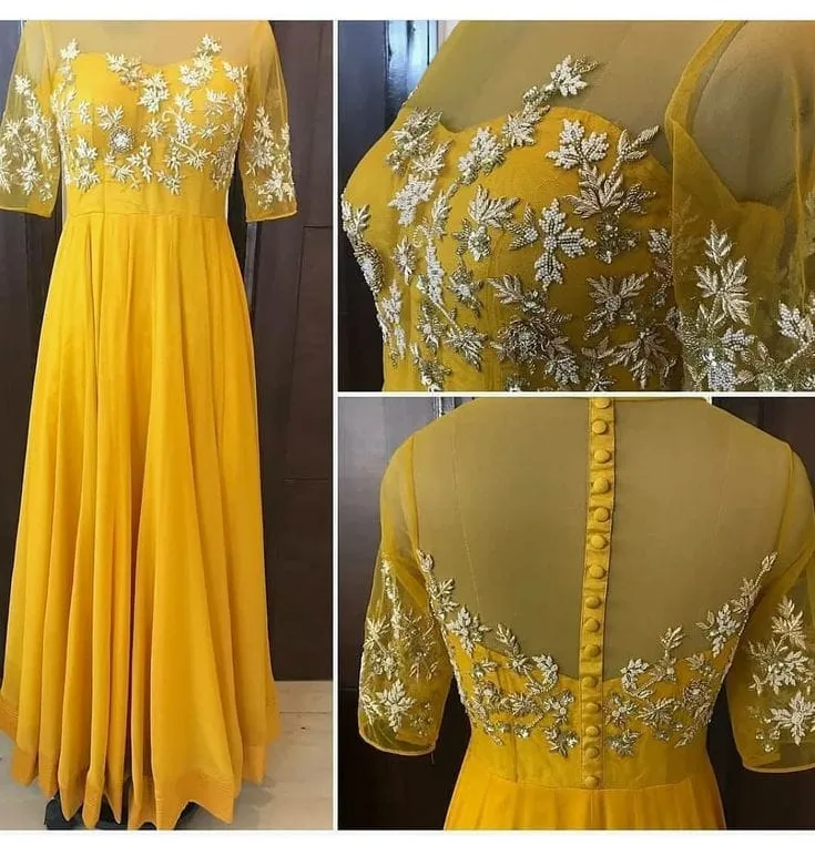 Yellow Heavy Embroidered Anarkali Suit for Haldi – Sheer Back Designer Long Frock