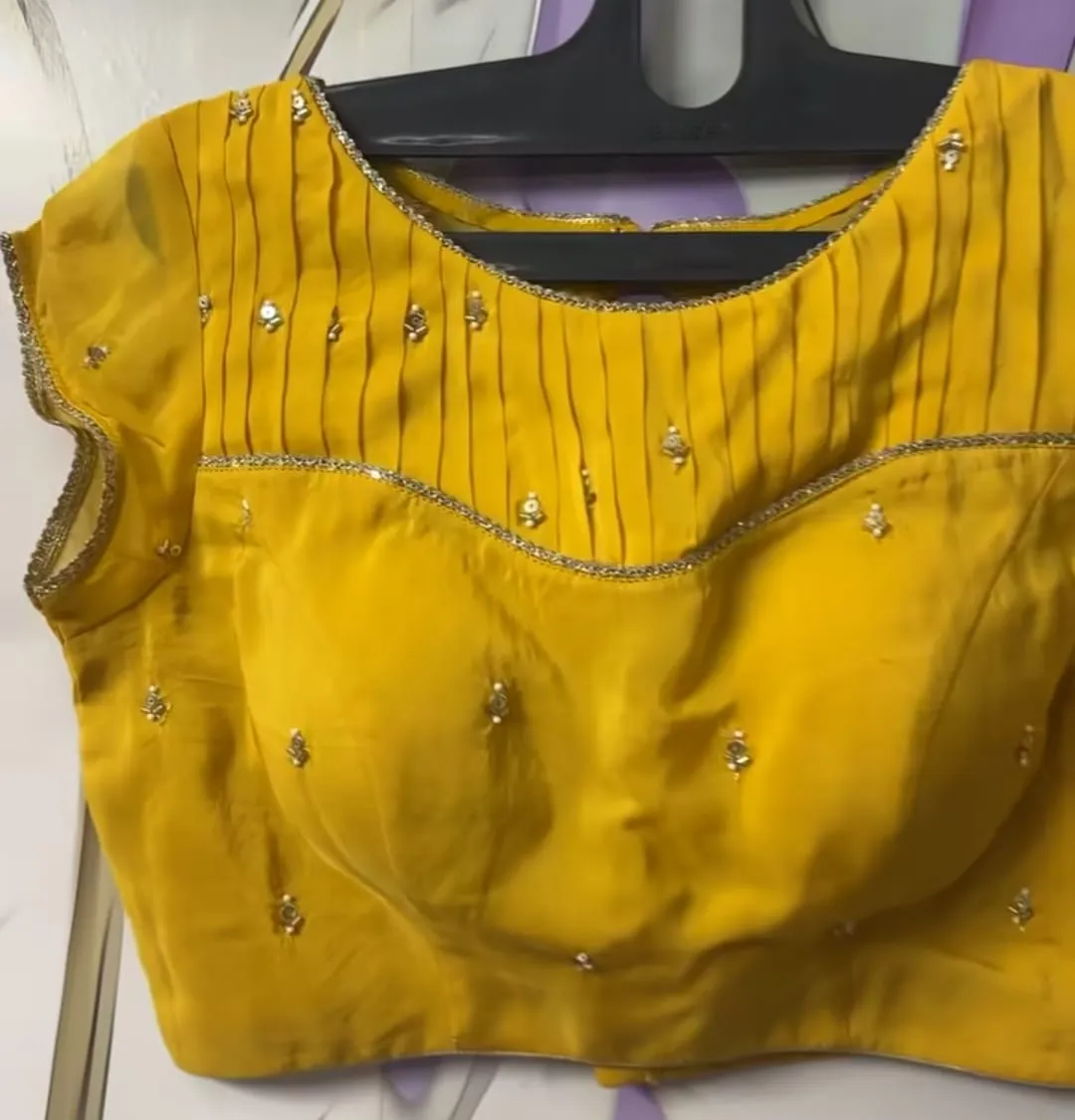 Yellow Pleated Designer Blouse | Hand-Embroidered Sequin Detail