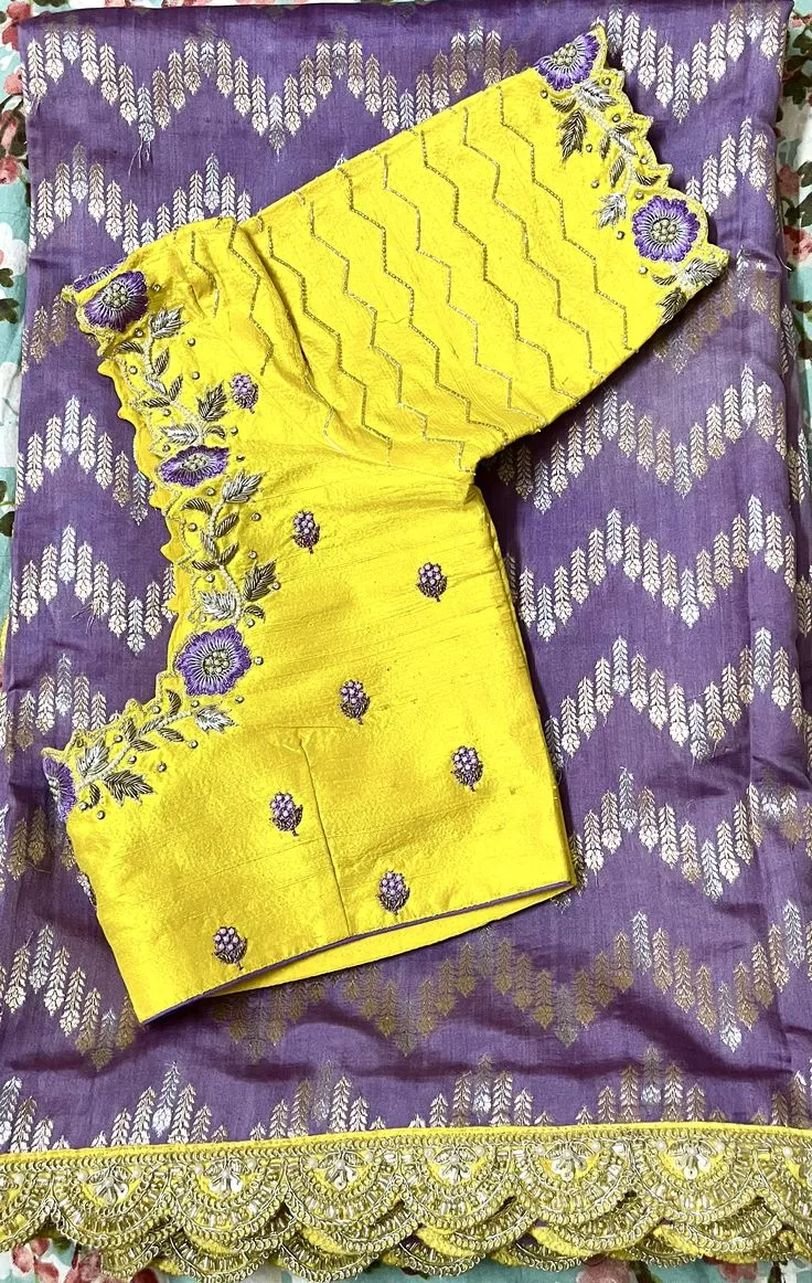 Yellow Silk Blouse with Contrast Purple Floral Scallop Cutwork for Pattu Sarees
