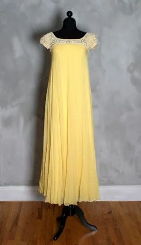 Yellow Vintage Regency Gown – Embellished Cap Sleeve Empire Waist Maxi Dress 1