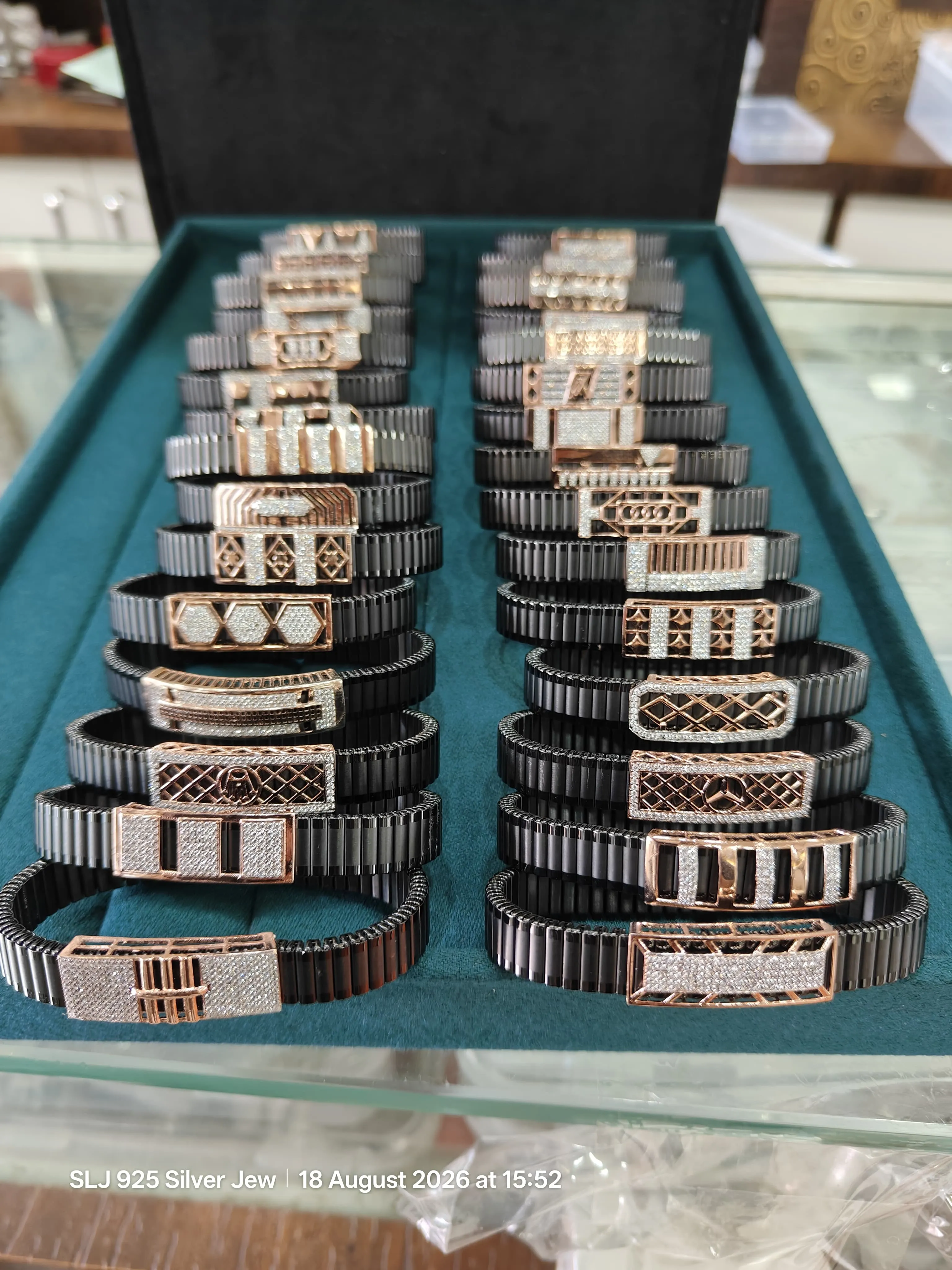 925 Sterling Silver Jaguar Motif Watch Band Bracelet, Two-Tone Rose Gold & Black Link Men’s Kada / Luxury Bangle