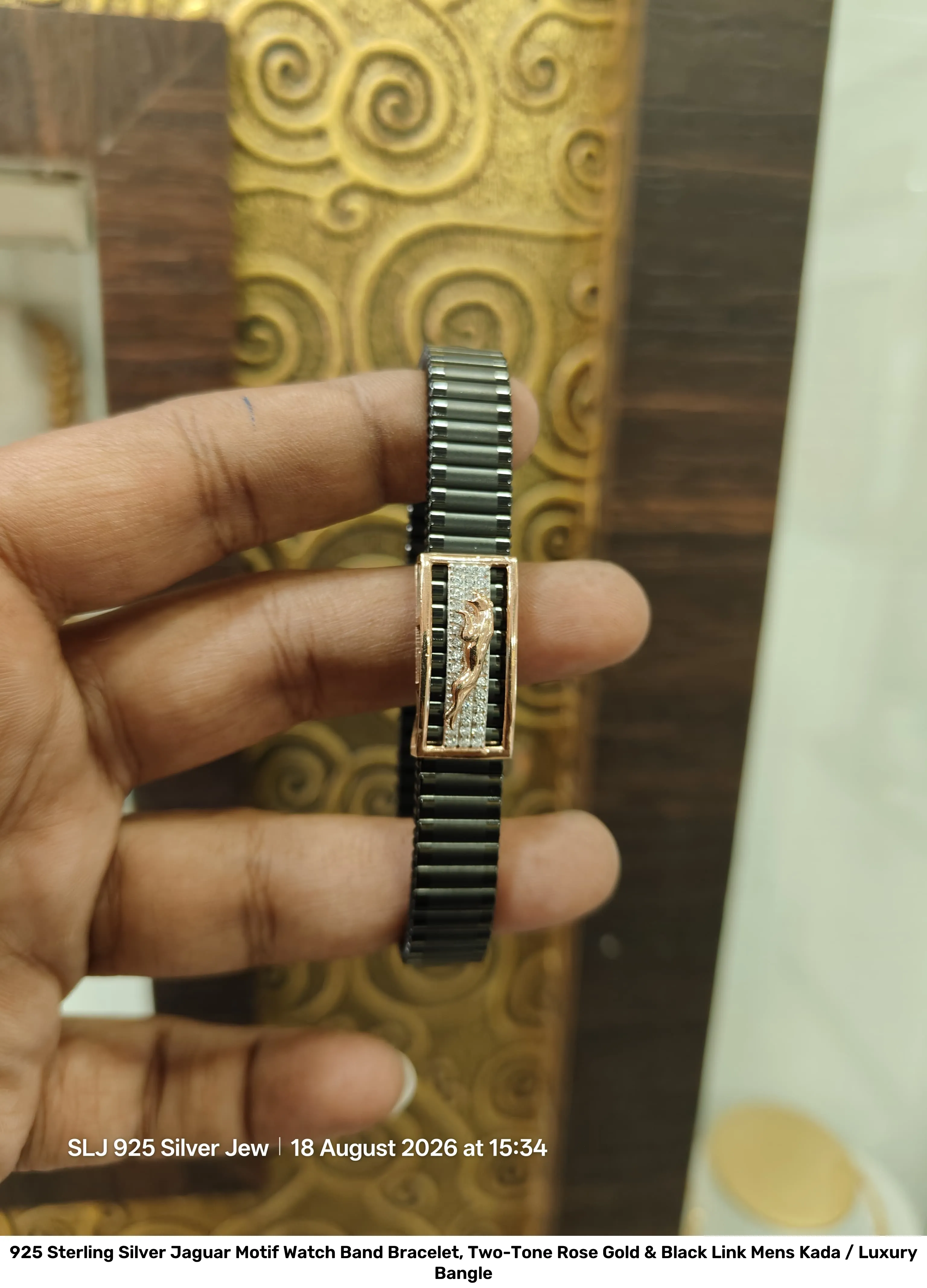 925 Sterling Silver Jaguar Motif Watch Band Bracelet, Two-Tone Rose Gold & Black Link Men’s Kada / Luxury Bangle 2