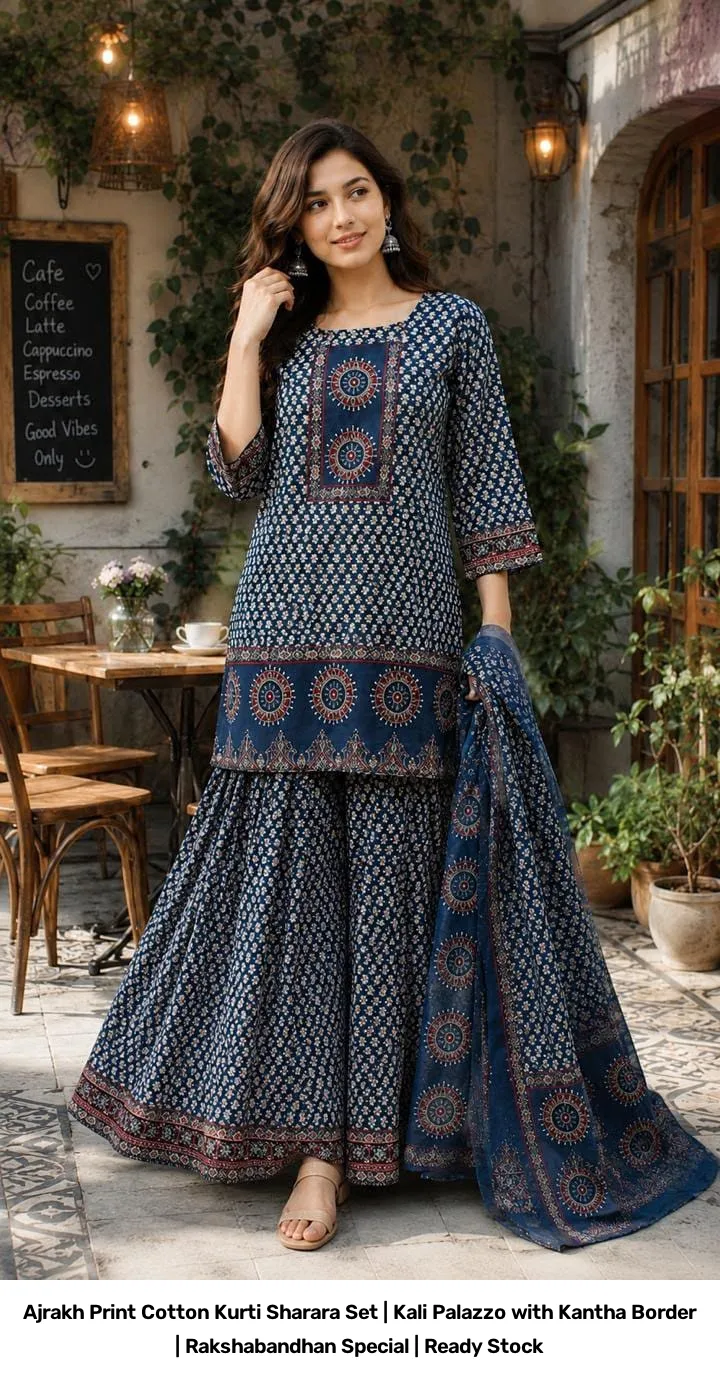 Ajrakh Print Cotton Kurti Sharara Set | Kali Palazzo with Kantha Border | Rakshabandhan Special | Ready Stock 3