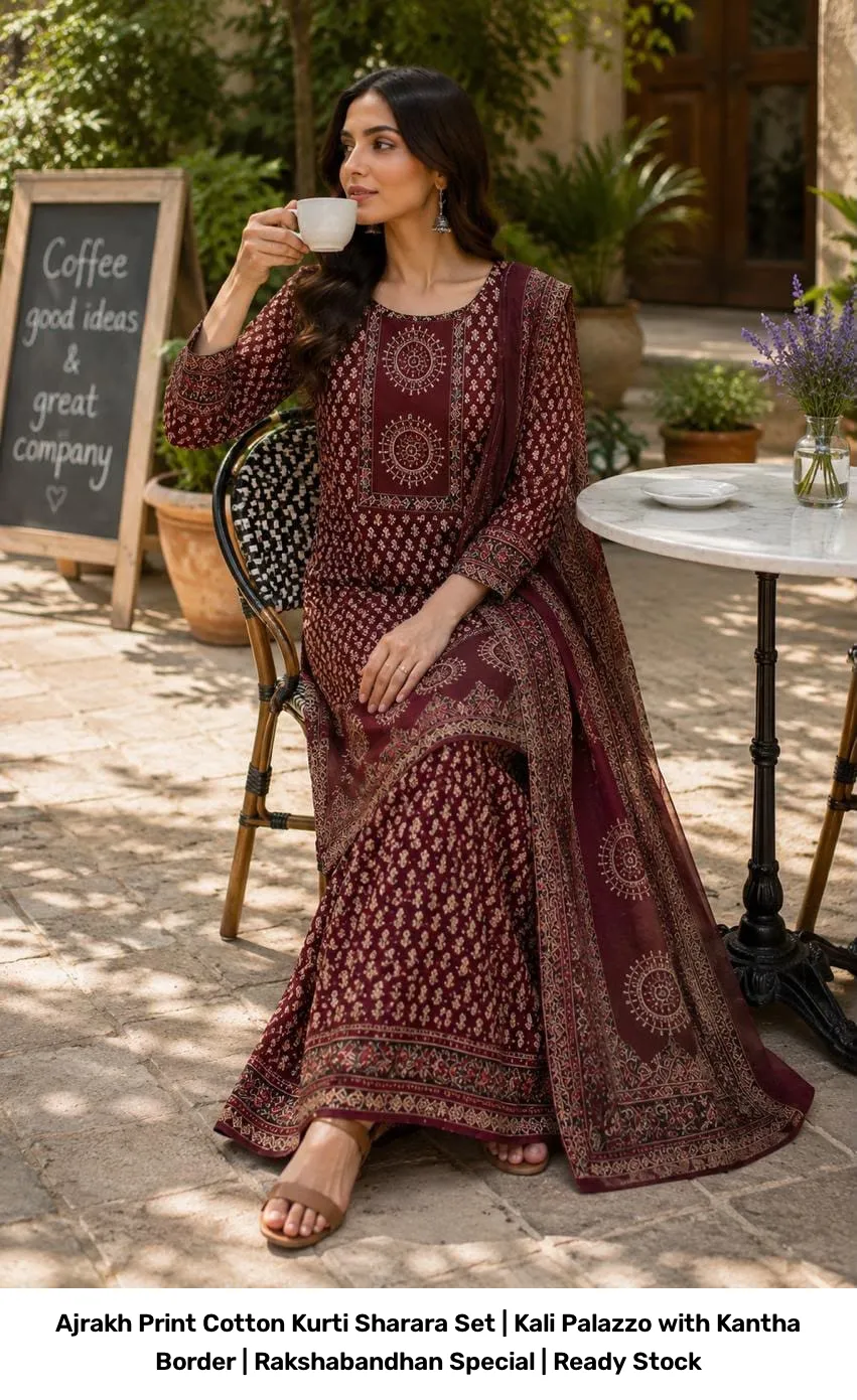 Ajrakh Print Cotton Kurti Sharara Set | Kali Palazzo with Kantha Border | Rakshabandhan Special | Ready Stock 4