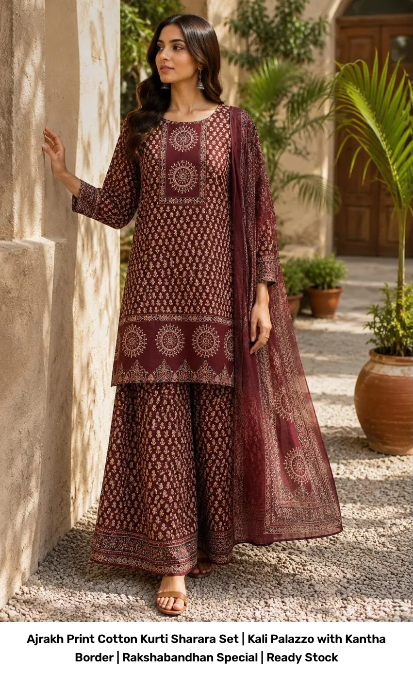 Ajrakh Print Cotton Kurti Sharara Set | Kali Palazzo with Kantha Border | Rakshabandhan Special | Ready Stock 5