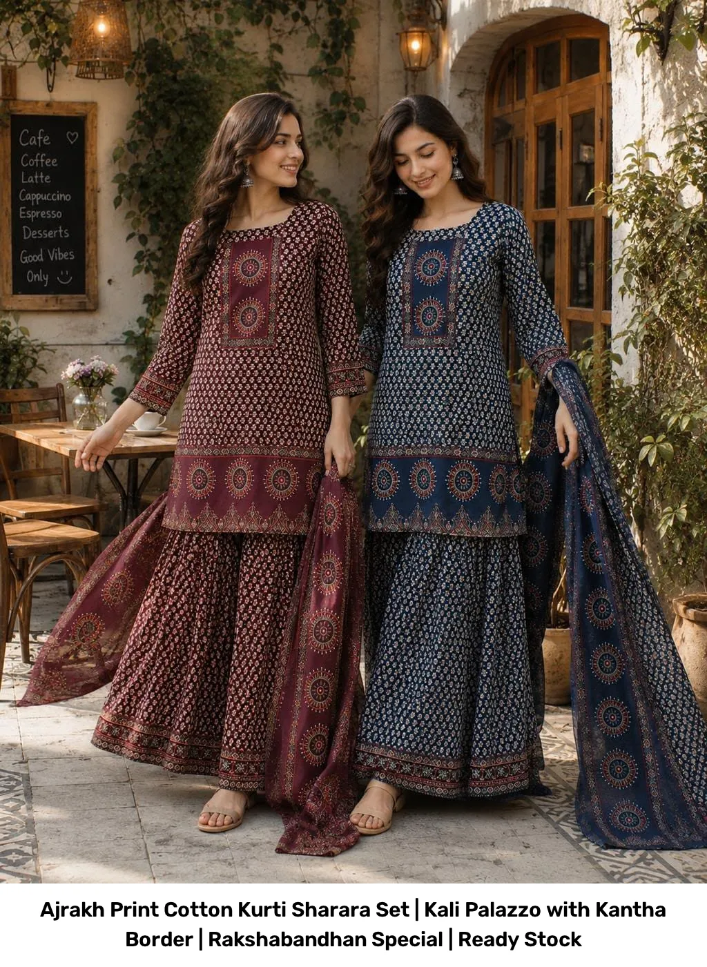 Ajrakh Print Cotton Kurti Sharara Set | Kali Palazzo with Kantha Border | Rakshabandhan Special | Ready Stock 6