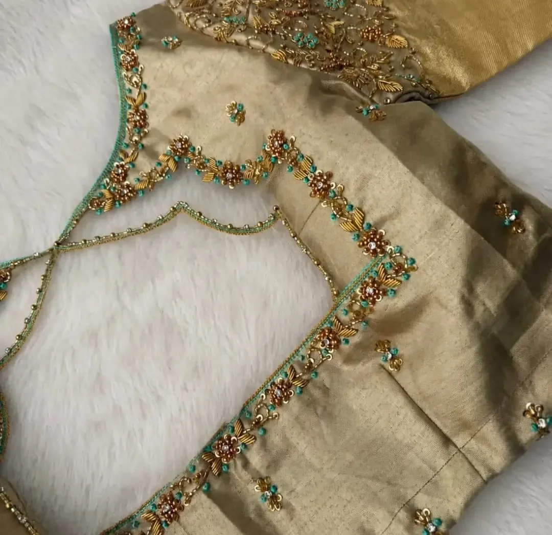 Antique Gold Bridal Aari Work Blouse | Turquoise Beaded Floral Maggam Work Silk Saree Blouse with Cutwork Neck 1