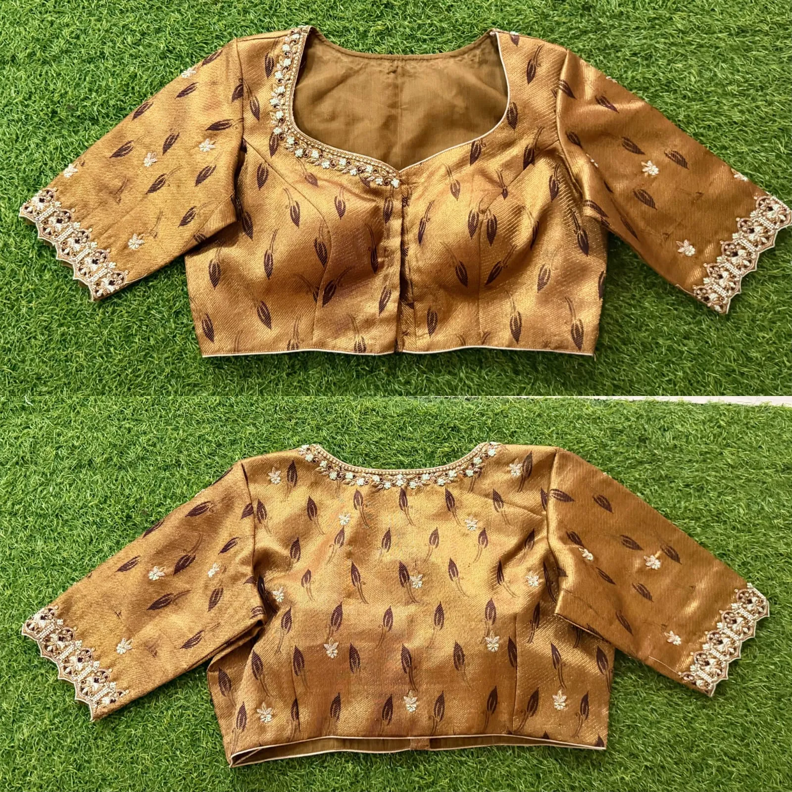 Antique Gold Silk Brocade Blouse with Leaf Motifs | Handcrafted Scalloped Pearl Embroidery Crop Top 1