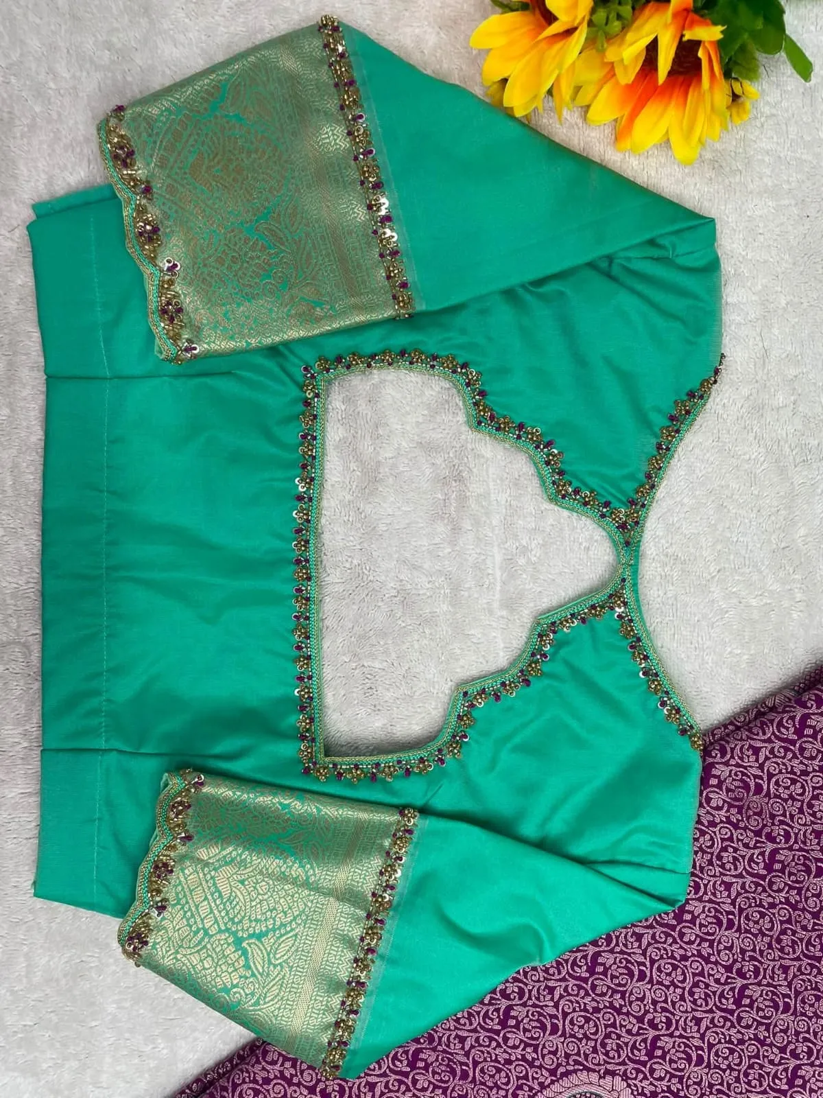 Aqua Green Raw Silk Festive Saree Blouse | Handcrafted Beadwork Border & Scallop Sleeve Wedding Choli 1