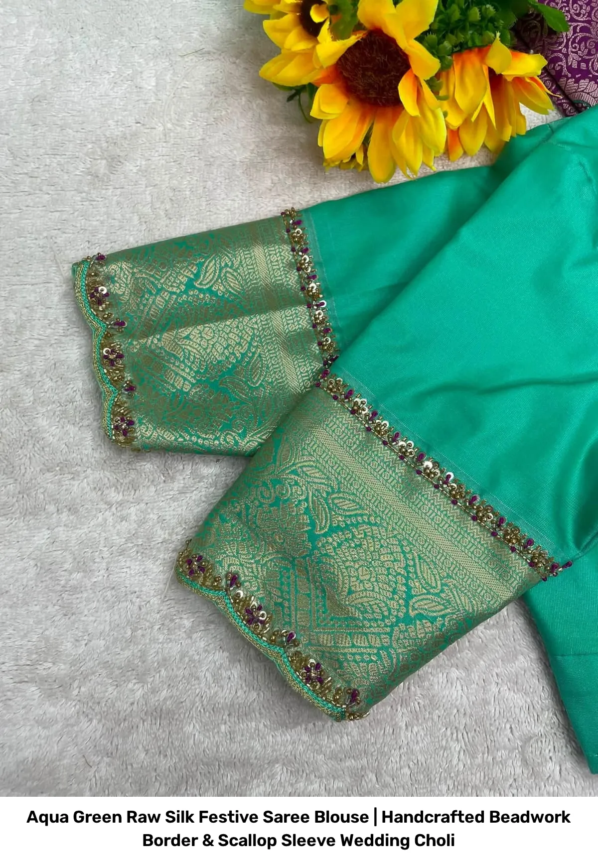 Aqua Green Raw Silk Festive Saree Blouse | Handcrafted Beadwork Border & Scallop Sleeve Wedding Choli 2
