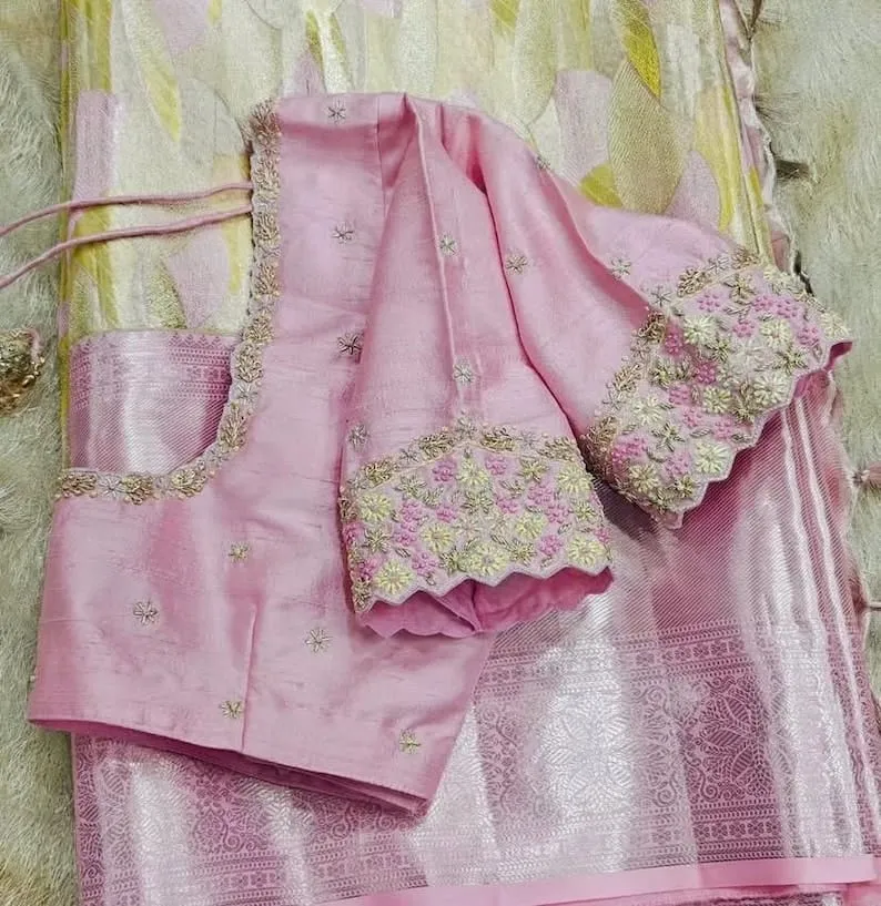 Baby Pink Raw Silk Saree Blouse | Floral Maggam Work Scallop Sleeve Readymade Blouse 1