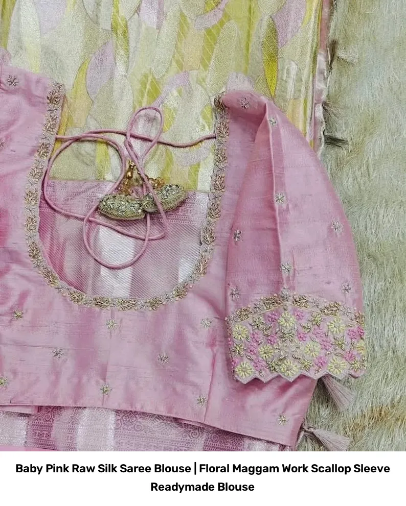 Baby Pink Raw Silk Saree Blouse | Floral Maggam Work Scallop Sleeve Readymade Blouse 2