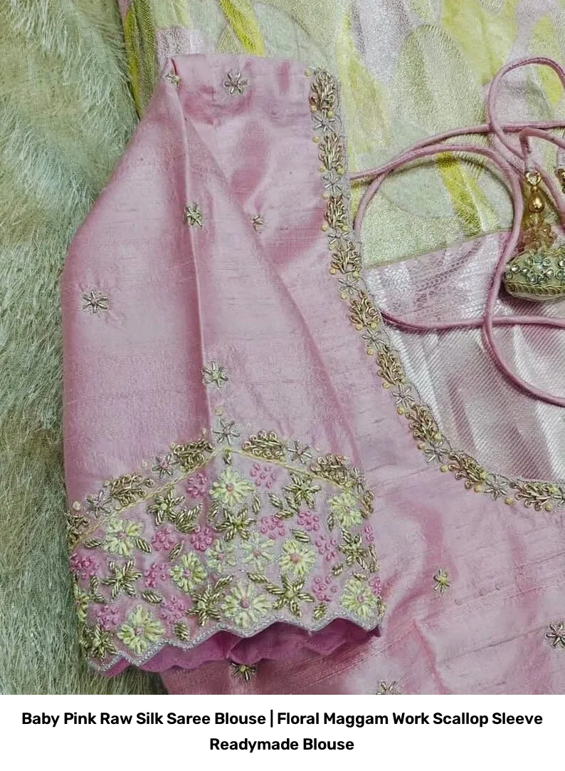 Baby Pink Raw Silk Saree Blouse | Floral Maggam Work Scallop Sleeve Readymade Blouse 3