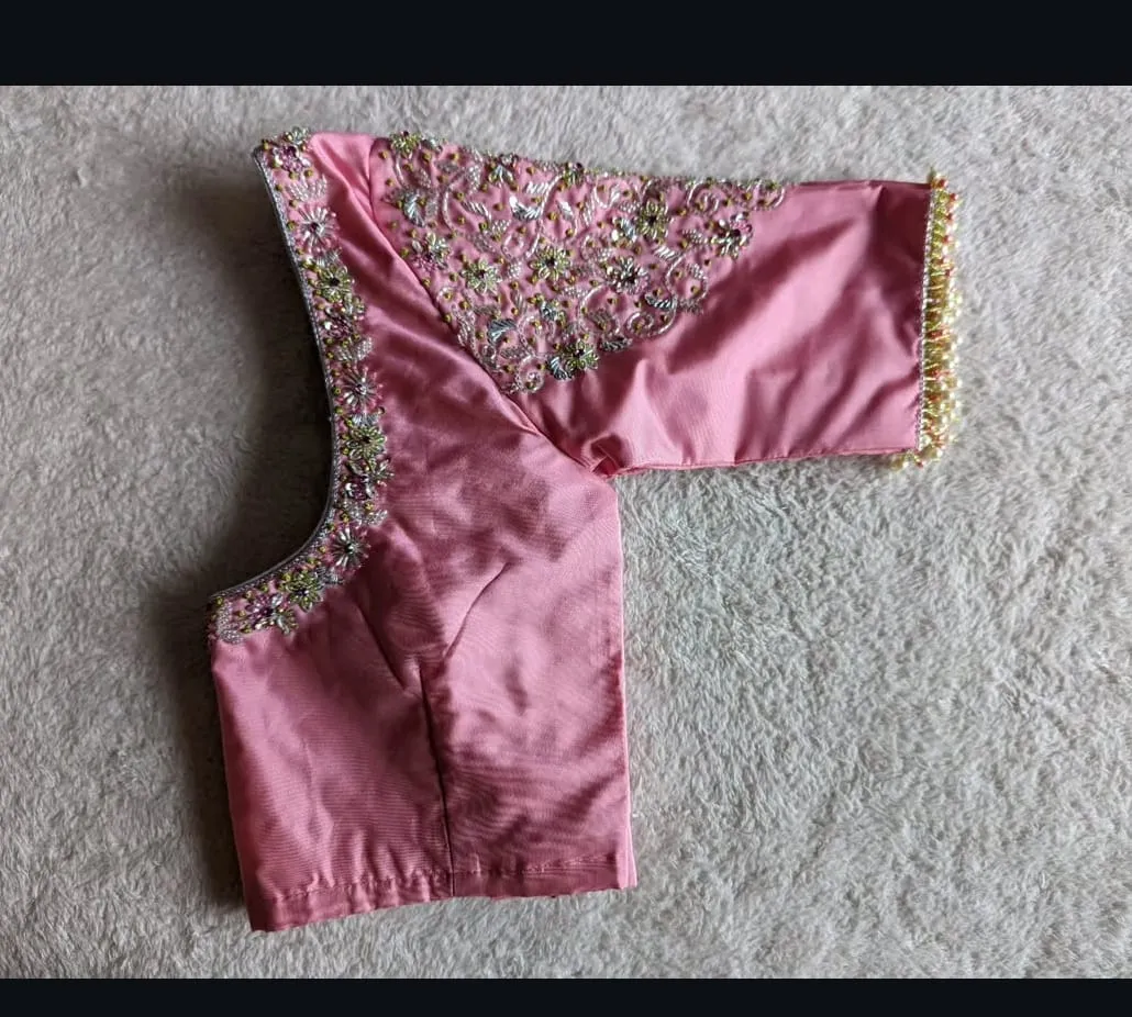Baby Pink Silk Blouse Handcrafted Silver Floral Zardosi Maggam Work & Beaded Pearl Lace Saree Blouse 1