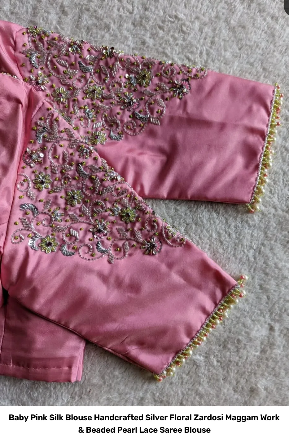 Baby Pink Silk Blouse  Handcrafted Silver Floral Zardosi Maggam Work & Beaded Pearl Lace Saree Blouse 2