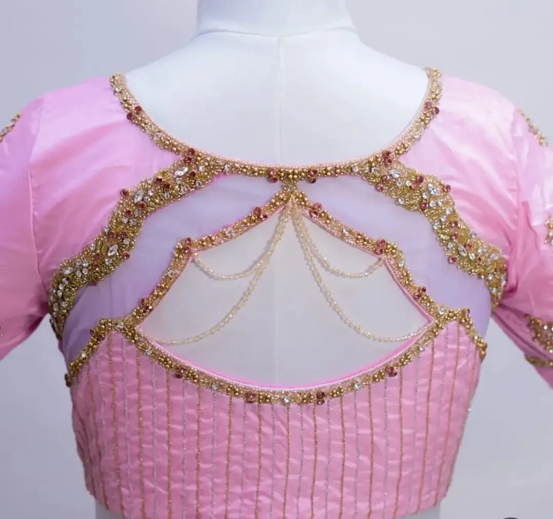 Baby Pink Silk Blouse with Butterfly Sleeve Embroidery & Bead Chain Net Back