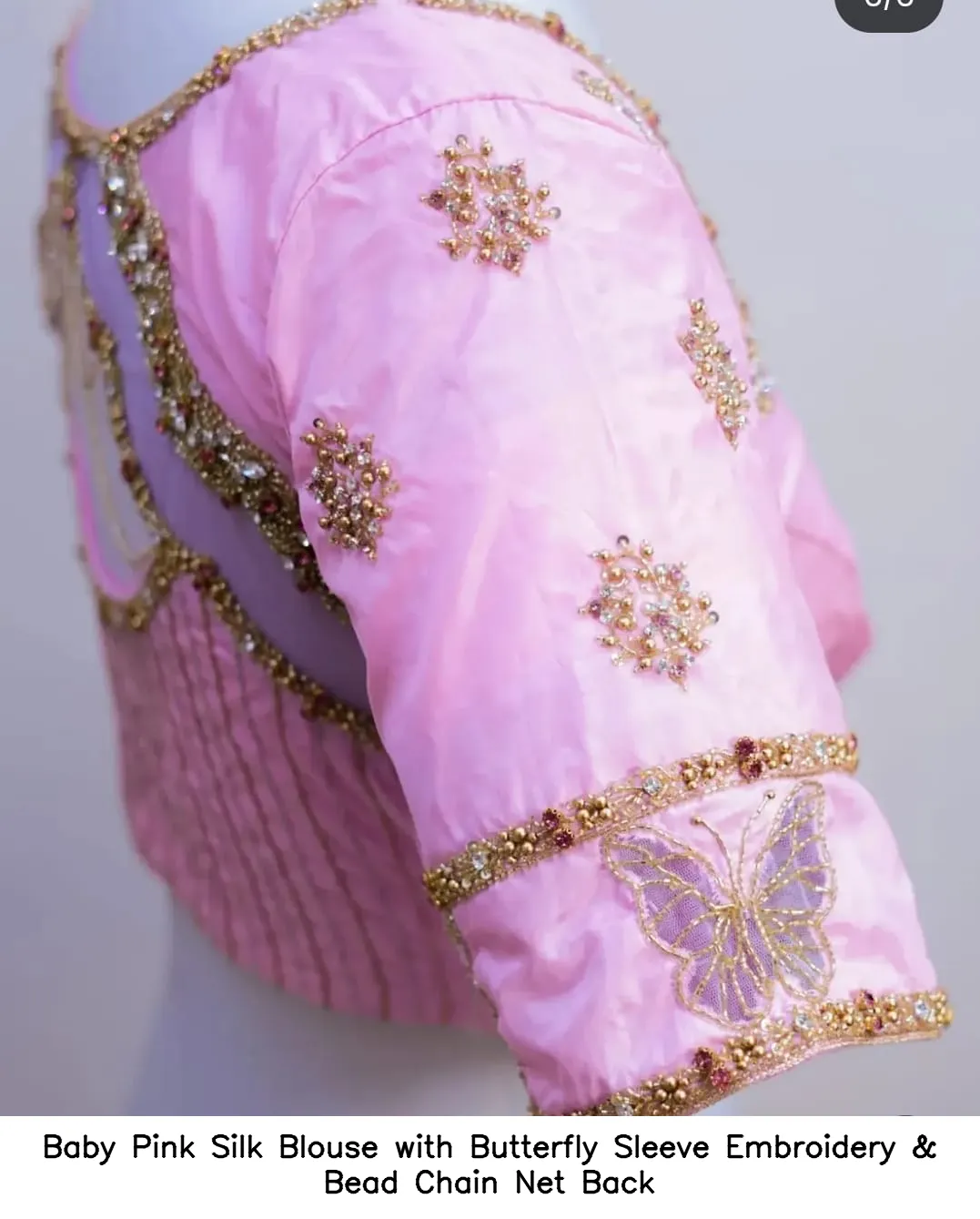 Baby Pink Silk Blouse with Butterfly Sleeve Embroidery & Bead Chain Net Back 2