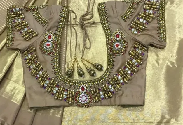 Beige Gold Tissue Silk Bridal Blouse | Temple Jewelry Style Kundan & Antique Maggam Work