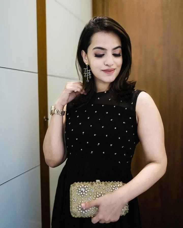 Black Georgette Anarkali Long Frock | Sleeveless Sheer Yoke Gold Foil Polka Dot Party Wear Maxi Dress