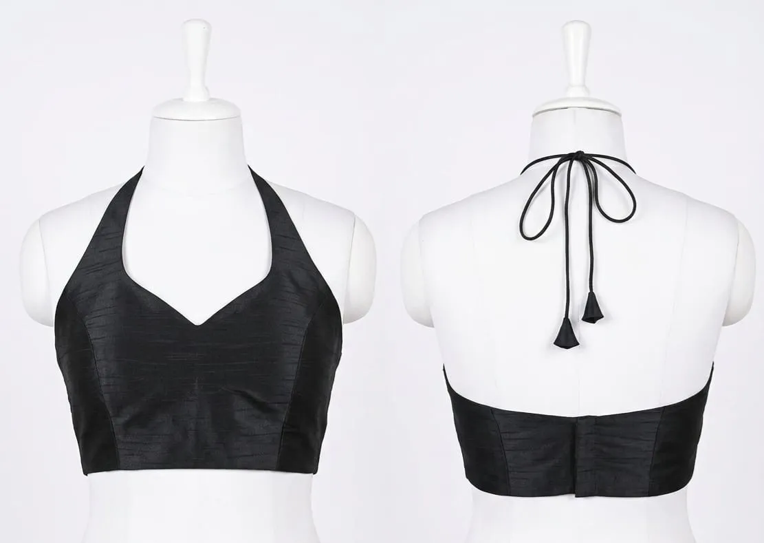 Black Halter Neck Saree Blouse | Backless V-Neck Blouse with Tie Up | Designer Sleeveless Crop Blouse for Party Wear