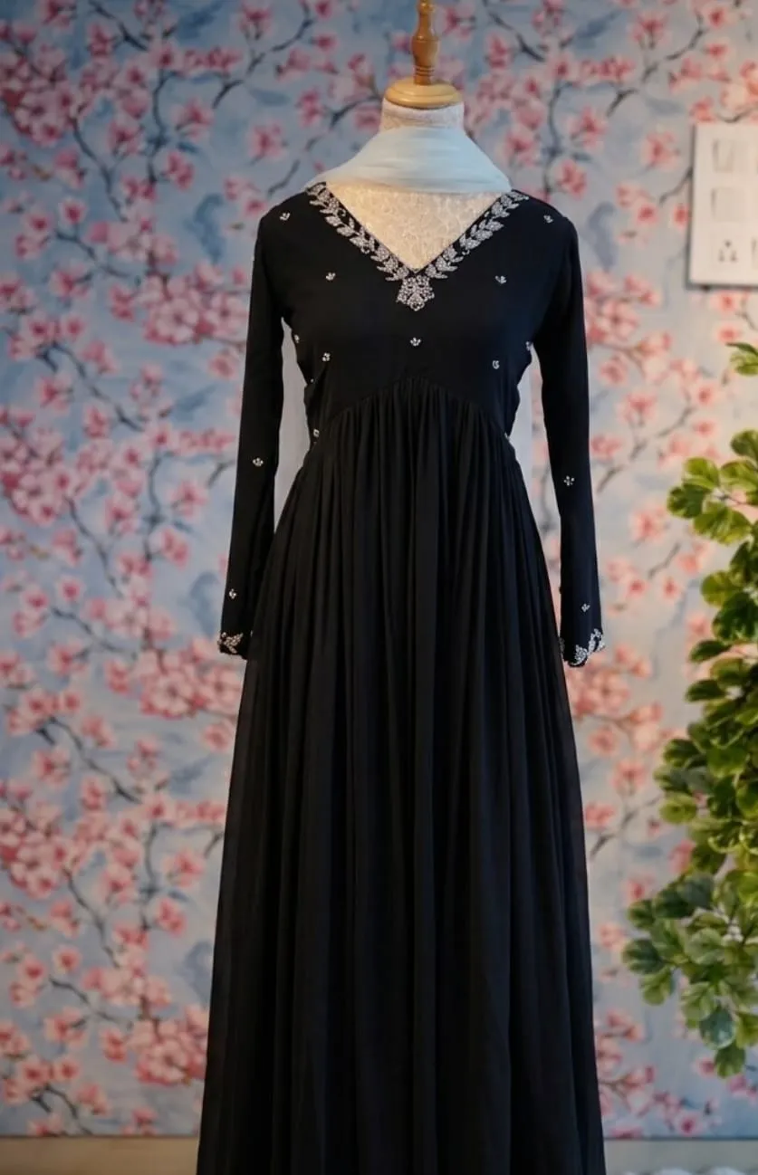 Black Hand Embroidered Pleated Georgette Anarkali Gown 1