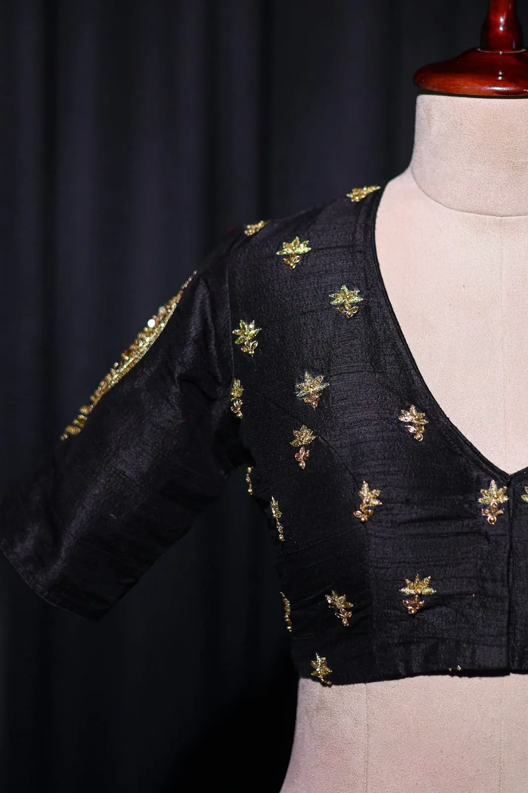 Black Raw Silk Blouse | Designer Chand Motif Maggam Work Saree Blouse