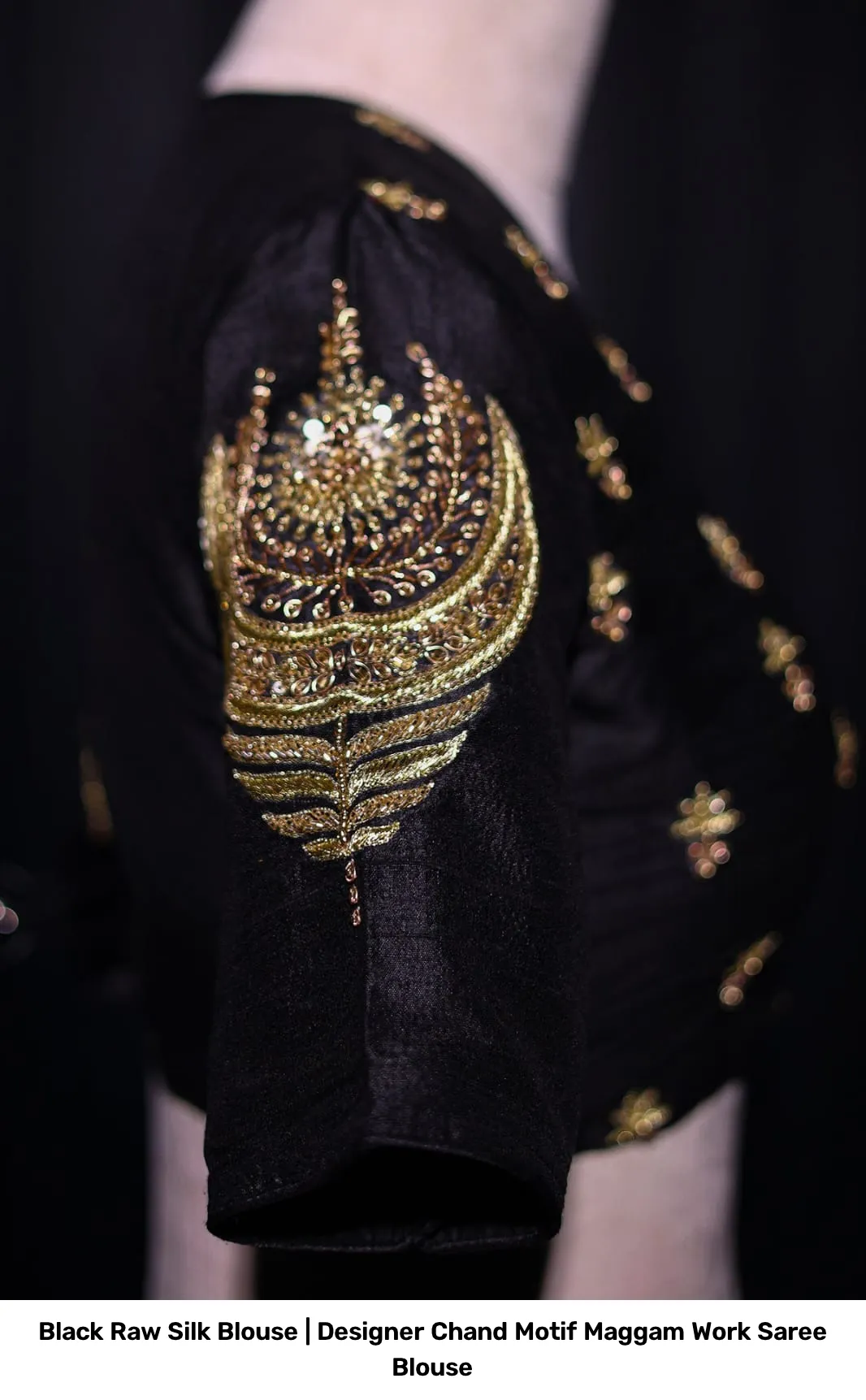 Black Raw Silk Blouse | Designer Chand Motif Maggam Work Saree Blouse 3