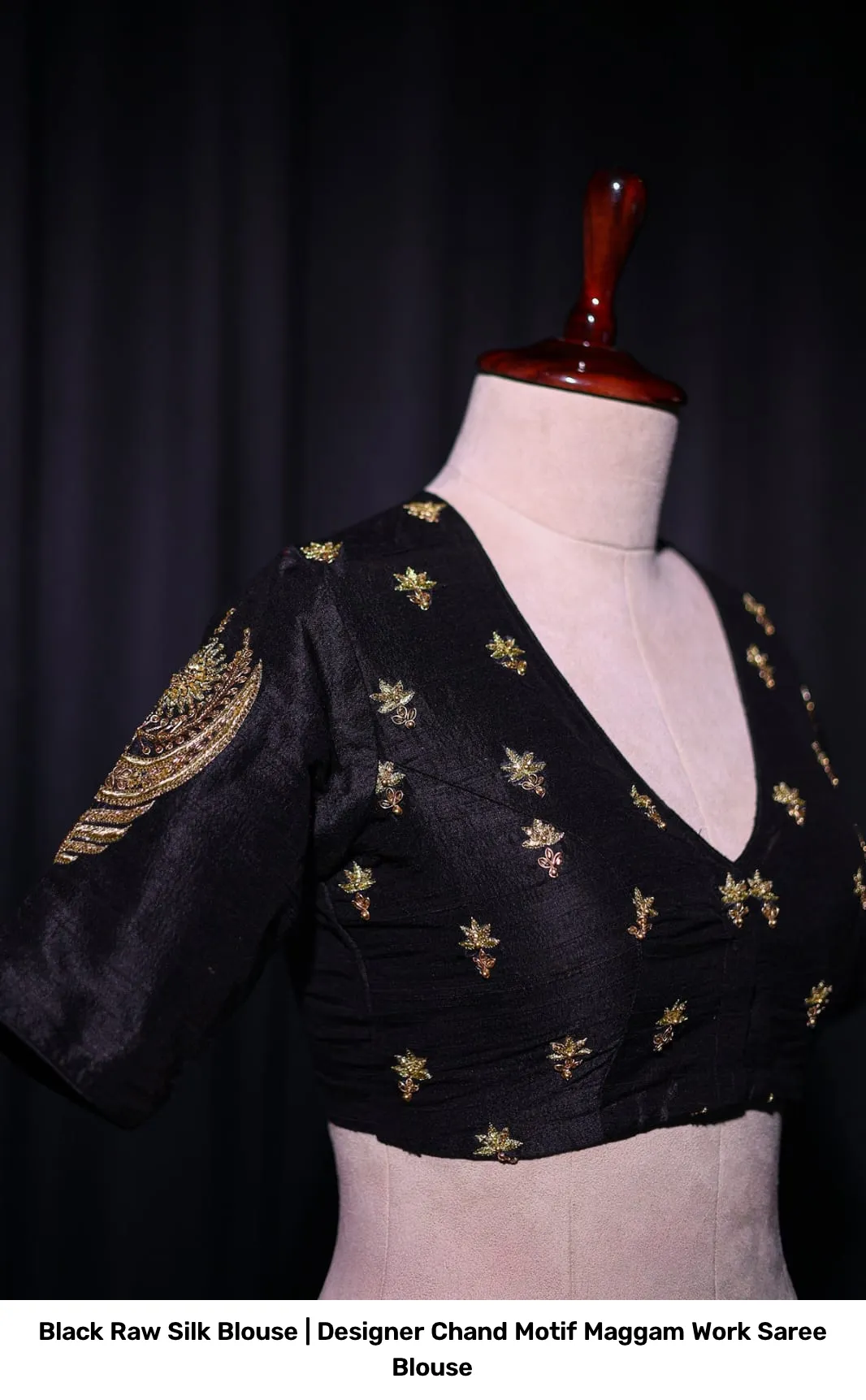 Black Raw Silk Blouse | Designer Chand Motif Maggam Work Saree Blouse 4