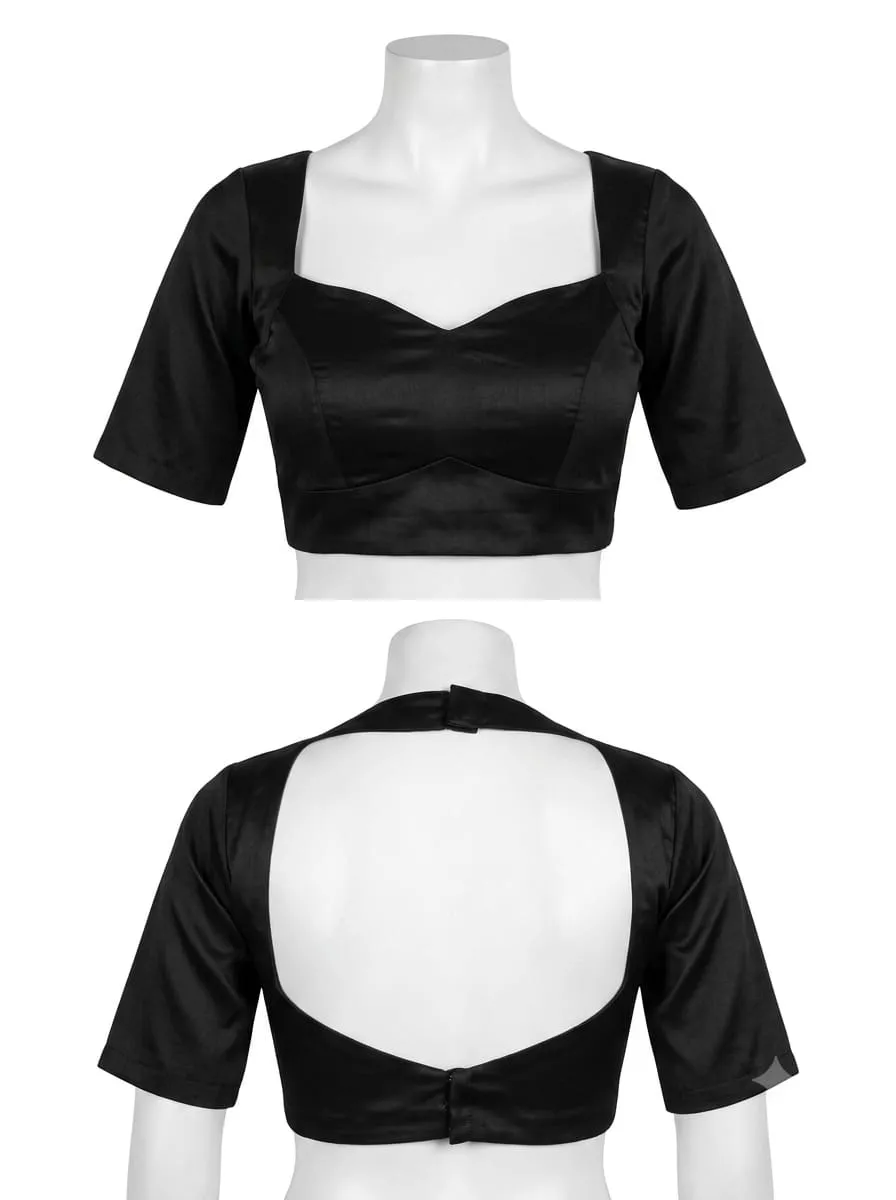 Black Raw Silk Padded Saree Blouse | Sweetheart Neck Open Back Choli with Neck Strap