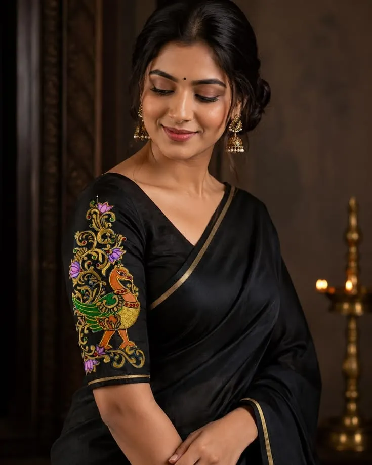 Black Silk Blouse – Hand Painted Kalamkari Peacock Sleeves