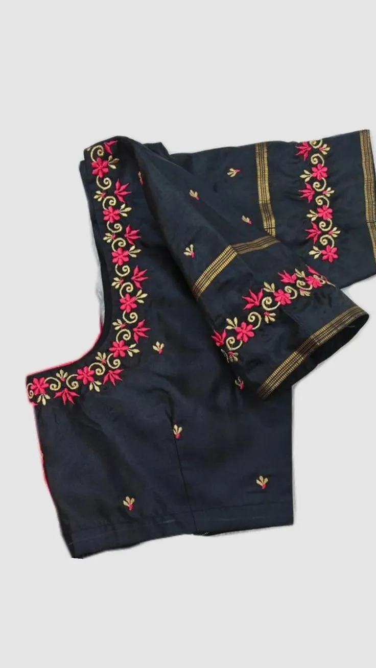 Black Silk Computer Embroidery Blouse | Pink Floral Machine Work Readymade Saree Blouse with Zari Border 1
