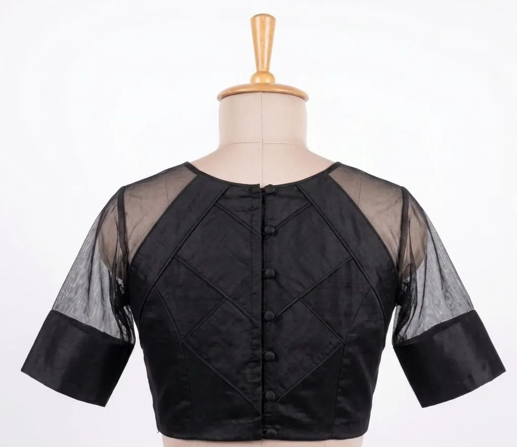Black Silk Readymade Saree Blouse – Gold Zari Brocade Yoke & Sheer Net Elbow Sleeve Blouse