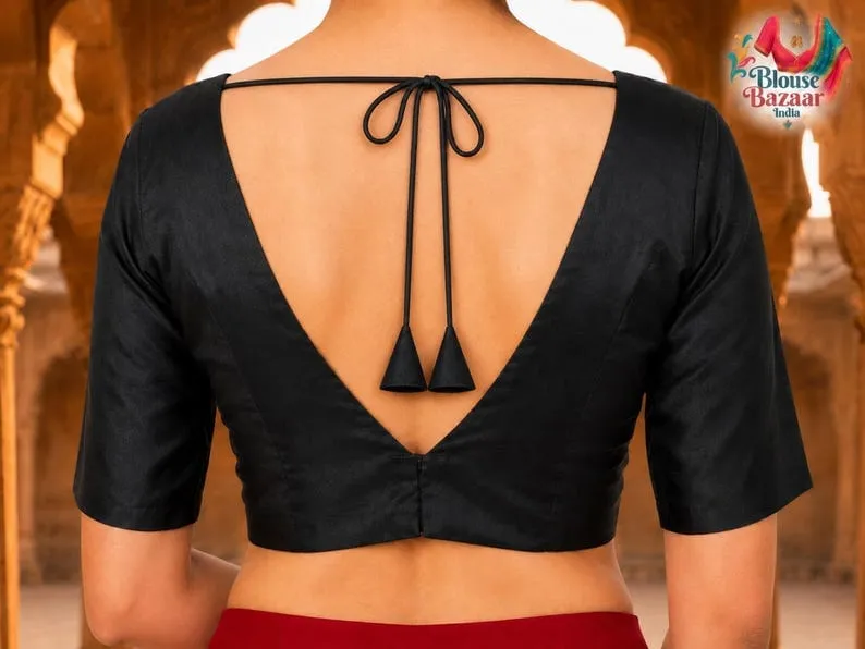 Black Silk Readymade Saree Blouse with Deep V-Neck & Dori Tassels | Elbow Sleeves Padded Choli for Saree & Lehenga