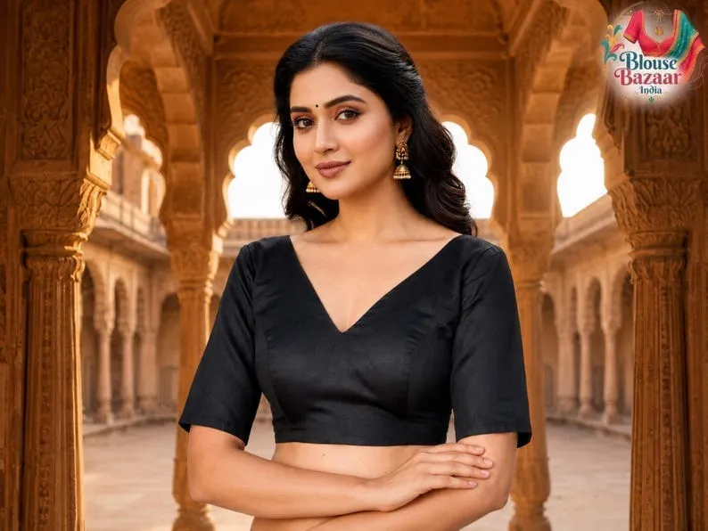 Black Silk Readymade Saree Blouse with Deep V-Neck & Plunge Back Dori | Padded Elbow Sleeve Choli for Lehenga & Saree