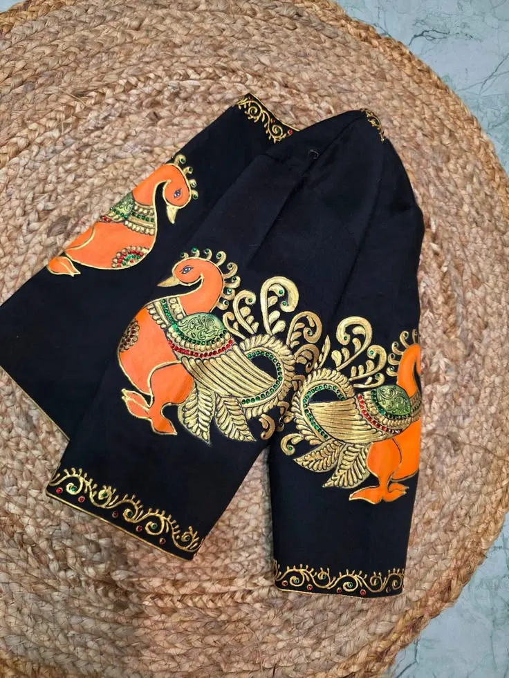 Black Silk Saree Blouse | Hand Painted Kalamkari Peacock Sleeves & Gold Border