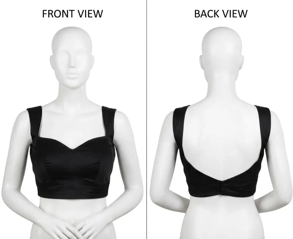 Black Silk Sweetheart Neck Saree Blouse | Wide Strap Deep Low V-Back Padded Bustier Choli Top